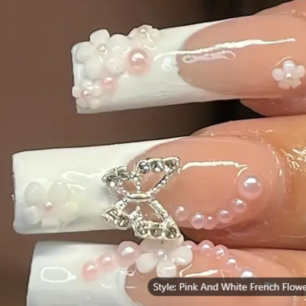 24 Pcs Glossy Long Coffin Press On Nails Pink And White French Style False Nails